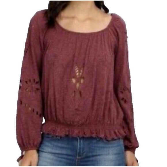 Free People Women's M Jewel Eyelet Peasant Top Long Sleeve Off Shoulder Purple - Picture 1 of 7
